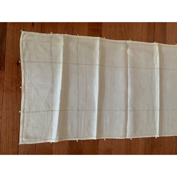 Handmade White Linen Table Runner With Delicate Hemstitching & Loop Accents - Picture 2 of 7